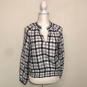 Anthropologie Cloth and Stone Gingham Plaid Black White Peasant Blouse Top Small